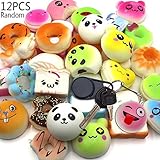 XIDAJE 12 PCS Random Kawaii Mini Soft Foods Panda Bread Bun Toasts Donuts Phone Straps Charm,Squishies Phone Key Chain Bread Strap,Hand Pillow Toy Gift squishy keychain food keychain squishies toys