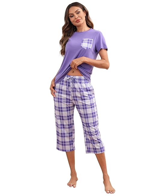 TeJoyce Womens Pyjama Sets Cotton Short Sleeves and Capri Pants Loungewear Summer Sleepwear Set Soft Comfort Plaid Women's Pjs Set Purple