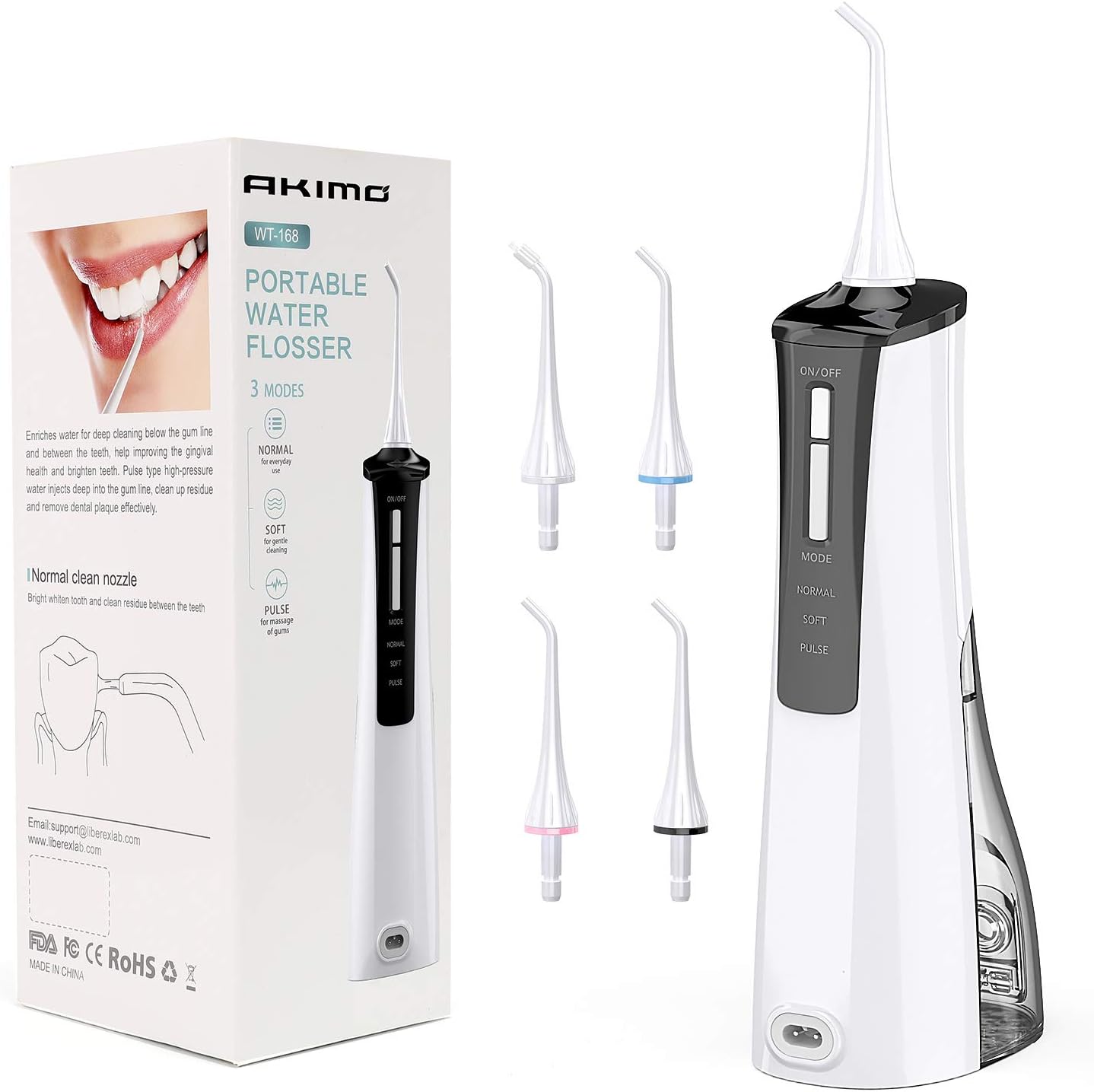 Cordless Water Flosser Oral Irrigator - AKIMO USB Rechargeable Portable Dental Teeth Cleaner for Braces & Bridges Care, 3 Modes 4 Nozzles, 200ML Water Tank, IPX7 Waterproof for Home and Travel