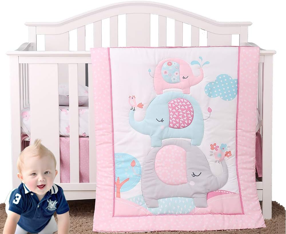 Pink Elephant Baby Crib Bedding Set 3 Pieces Baby Nursery Bedding Sets for Girls with Baby Comforter,Crib Fitted Sheet, Crib Skirt: Kitchen & Dining