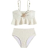 OYOANGLE Girl's Two Piece Metallic Shell Bikini Sets Cut Out Ruffle Top High Waist Hipster Swimsuit