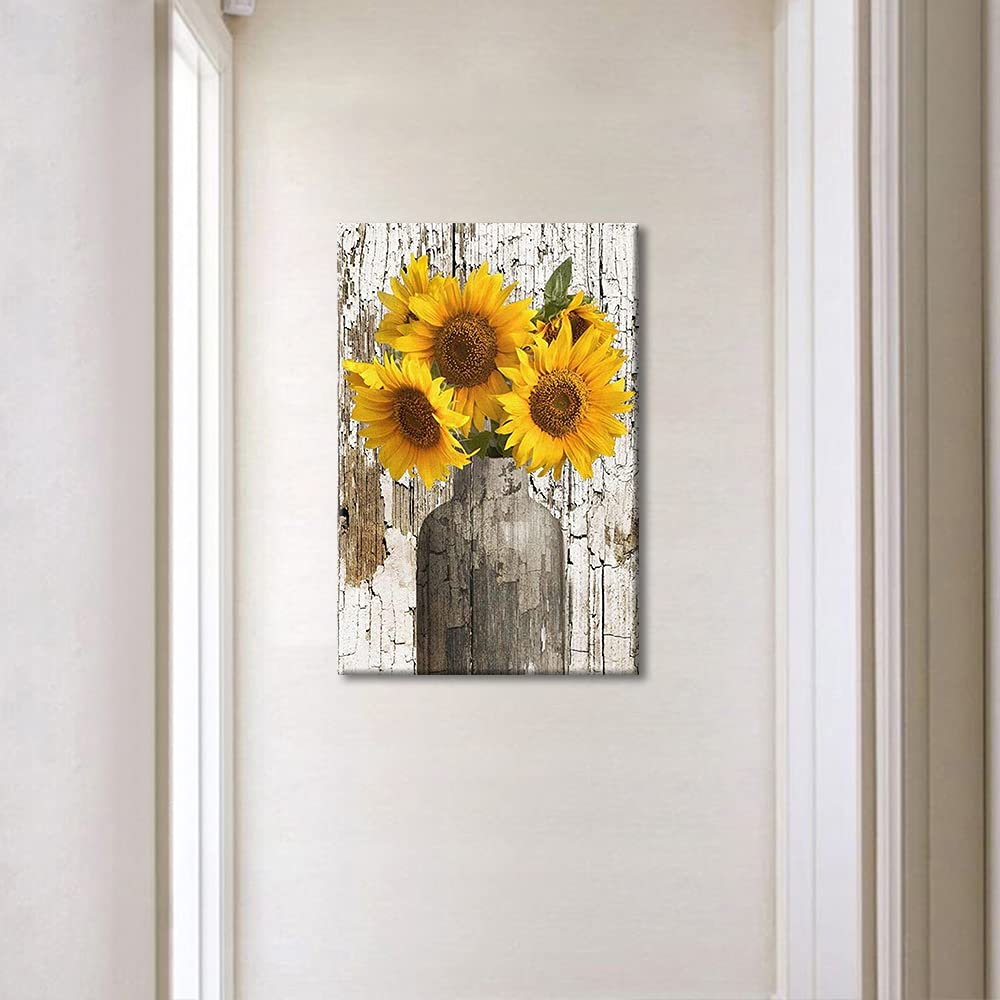 TISHIRON Rustic Yellow Sunflower in Vase Farmhouse Cottage Countryside 18"x12" Canvas Wall Art Prints Framed Picture Photo Painting Home Decor Ready to Hang