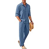 COOFANDY Mens Linen Sets 2 Piece Long Sleeve Button Down Cuban Shirt and Pants Set Summer Beach Set Outfits