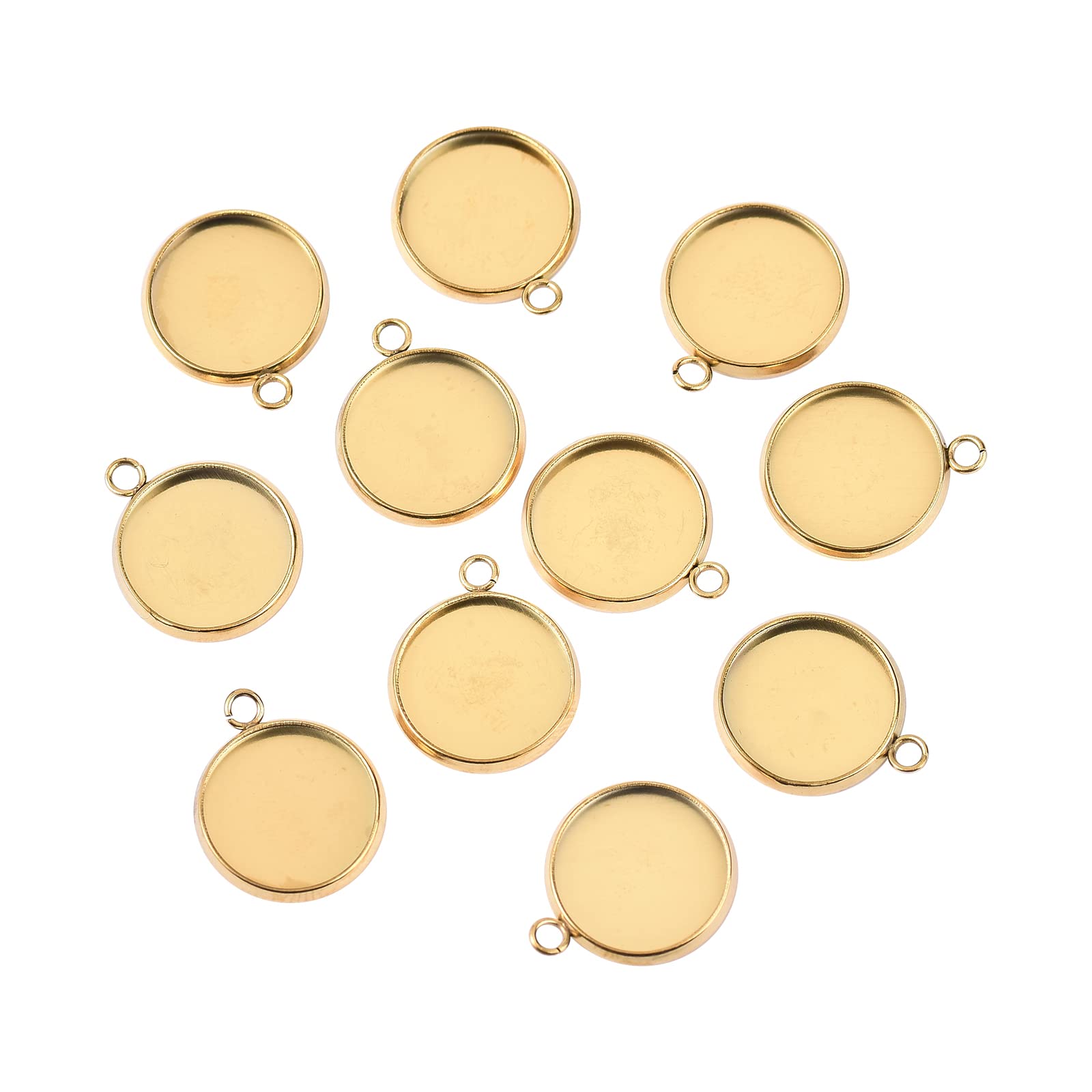 Photo 1 of Airssory 100 Pcs Golden Plated 12mm Tray 304 Stainless Steel Pendant Cabochon Settings Plain Edge Bezel Cups Flat Round Charm for DIY Crafting - 16.5x13.5mm
