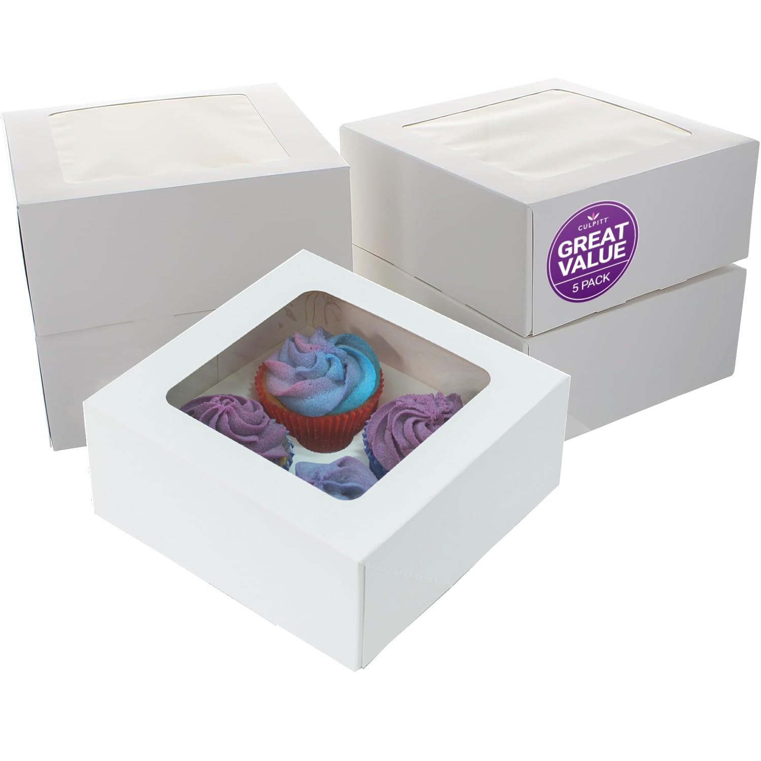 Culpitt 4 Hole Cupcake Box, 5 Pack, White Cupcake Boxes For Carrying And Displaying Tasty Muffins, Fairy Cakes, And Treats
