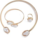 BSOKEIXD 3 Pcs Metal Big Pearl Open Choker Necklace Bracelet Rings for Women Adjustable Gold Baroque Pearl Choker Necklaces Round Necklace Suitable for Party ummer Beach Bead Body Chain Jewelry