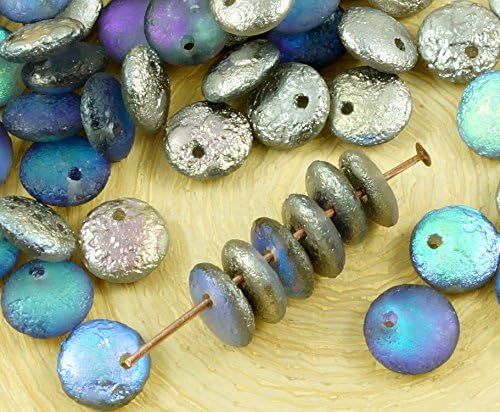40pcs Etched Rustic Crystal Graphite Silver Rainbow Metallic Dichroic Vitrail Half Lentil Czech Glass Beads Flat Round One Hole 8mm
