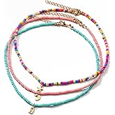 SOWAKA 3 Pcs Beaded Colorful Necklace Tiny Seed Beaded Bohemian Hawaiian White Rainbow Adjustable Colorful Jewelry Making Kits for Women