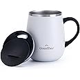 GRANDTIES Insulated Coffee Mug with Handle - Sliding Lid for Splash-Proof 16 oz Wine Glass Shape Thermos Tumbler with Double Walled Vacuum Stainless Steel to Keeps Beverages Hot or Cold - Pearl