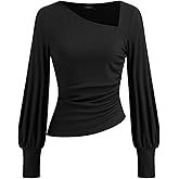 CIDER Women's Long Sleeve Asymmetric Neck Top Lantern Sleeves Fitted Business Casual Shirt Date Night Fall Fashion