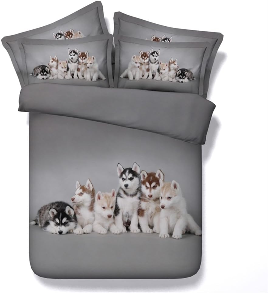 KTLRR Dog Lover Decor Twin Size Duvet Cover Set"No Comforter",3D Husky Puppy Family,Decorative 4 Piece Bedding Set with Bed Sheet & 2 Pillow Shams (Husky Family, Twin)