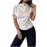 Milumia Women's Ruched Mock Neck Blouse Dolman Short Sleeve Dressy Casual Shirt Tops