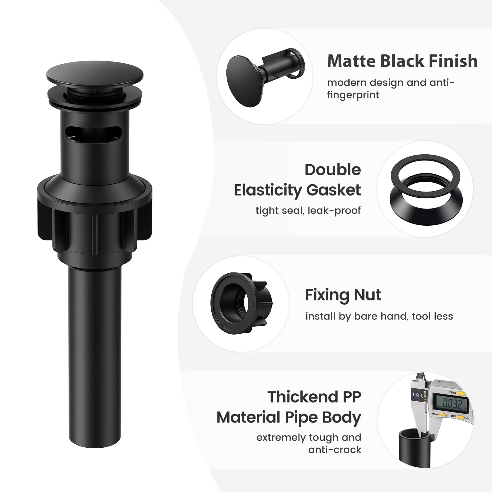 Bathroom Sink Drain with Overflow, Hurran Matte Black Bathroom Sink Stopper for Bathroom Vanity Vessel Sink, Rapid Draining Plastic Pop-up Sink Drain with Hair Catcher Anti-Clog Strainer