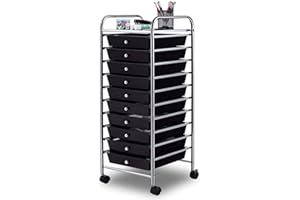 ReunionG 10-Drawer Storage Cart, Rolling Drawer Trolley, Mobile Organizer Cart, Scrapbook Paper Organizer for Office,Home and School, Office Organizer Tools, Multipurpose Utility Cart (Black)