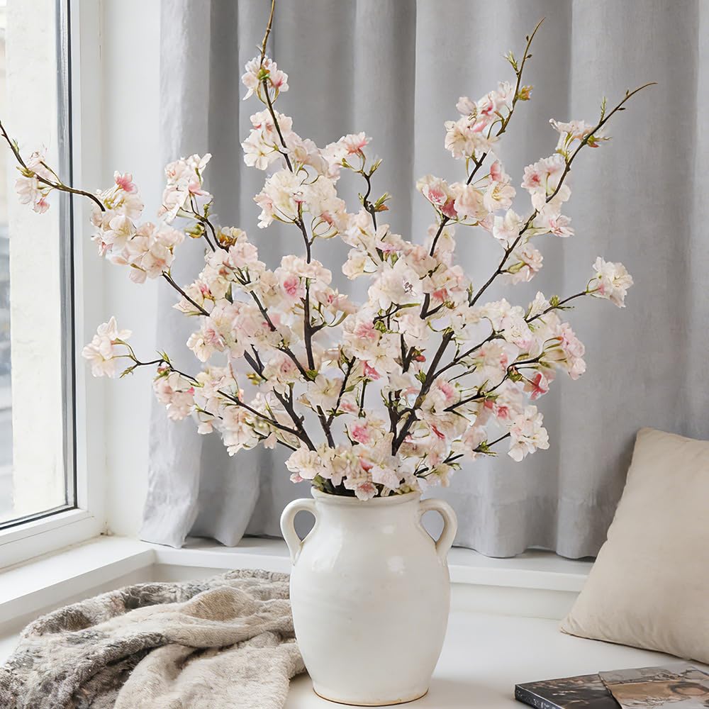 LESING 4pcs Cherry Blossom Flowers Artificial, Fake Silk Cherry Blossom Branches Tall Peach Blossom Flower Stems Arrangement for Wedding Home Office Party Decoration (Light Pink -1)