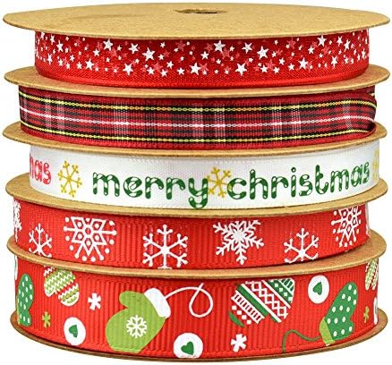 Fowod 5 Roll Christmas Ribbon Printed Snowflake Merry Christmas Stars Pattern,Mixed 0.39 inch and 0.59 inch, 5m Each roll (Red)