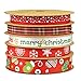 Fowod 5 Roll Christmas Ribbon Printed Snowflake Merry Christmas Stars Pattern,Mixed 0.39 inch and 0.59 inch, 5m Each roll (Red)