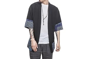 perdontoo Men's Casual Kimono Shirt Light Linen Short Sleeve Open Front Cardigan
