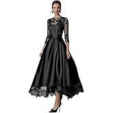 Geforsp Tea Length Lace Mother of The Bride Dresses for Women with Pockets 3/4 Sleeve Satin Formal Evening Gown