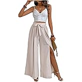 SweatyRocks Women's High Waisted Wide Leg Pants Tie Front Side Split Flowy Long Trousers with Belt
