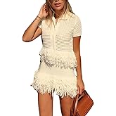 NIFTRIRY Fringe Crochet Sets Two Piece Women Polo Shirt Button With Shorts Sets Women 2 Piece Outfits