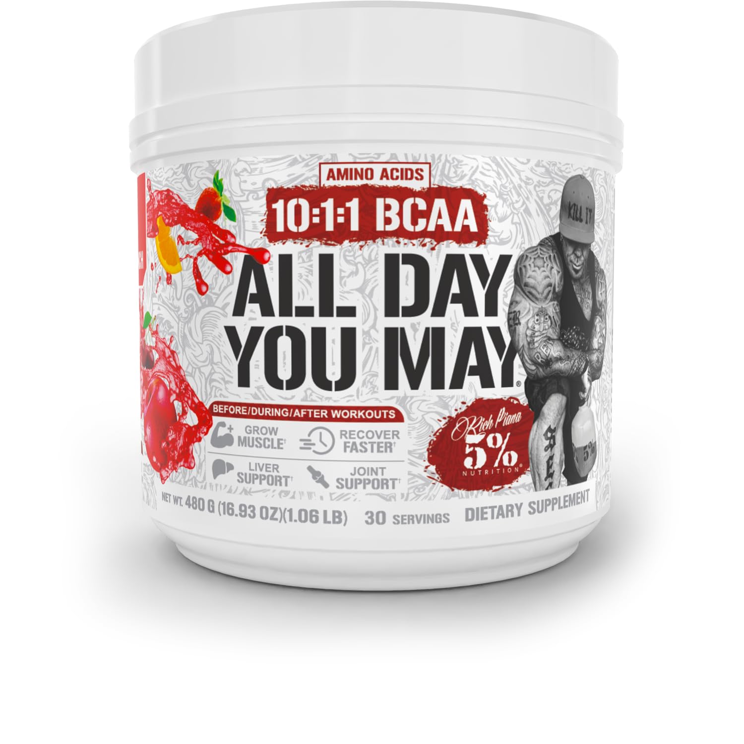 5% Nutrition Rich Piana AllDayYouMay BCAA Powder | Premium Intra & Post Workout Amino Acids, Hydration, Endurance, Muscle Recovery, Joint & Liver Support | 16.93 oz, 30 Servings (Fruit Punch)