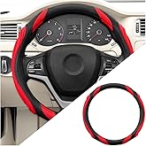Ywdiml Leather Car Steering Wheel Cover, 15 inch Breathable Non-Slip Vehicle Steering Wheel Protector, Elastic Soft Automotive Interior Accessories, Universal for Truck, SUV, Sedan (Black/Red)