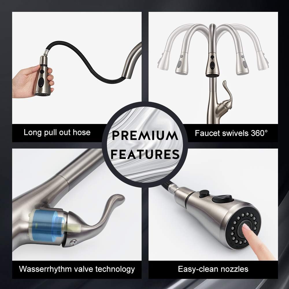 Modern Single Handle Pull Down Sprayer Kitchen Faucet, Brushed Nickel Kitchen Sink Faucets Stainless Steel High arc with Deck Plate - - 