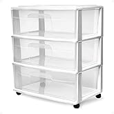 HOMZ Drawer Tower, 3-Tier Wide Rolling Storage Cart with Removable Wheels, White Frame – Plastic Organizer with Clear Bin Drawers for Bedroom, Bathroom, Home Office, and Dorm Room