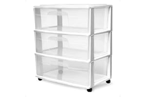 HOMZ Drawer Tower, 3-Tier Wide Clear Plastic Storage Organizer Cart, White Frame - Rolling Containers with Wheels for Bathroom, Bedroom, Office, and Classroom Organization