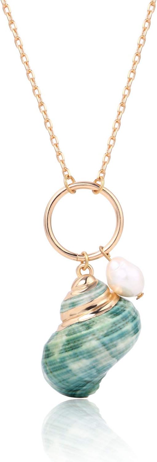 Real Shell Long Chain Necklace Scallop Conch Seashell with Peal Pendant Fashion Beach Jewellery for Women Girls, 14K Gold Plated