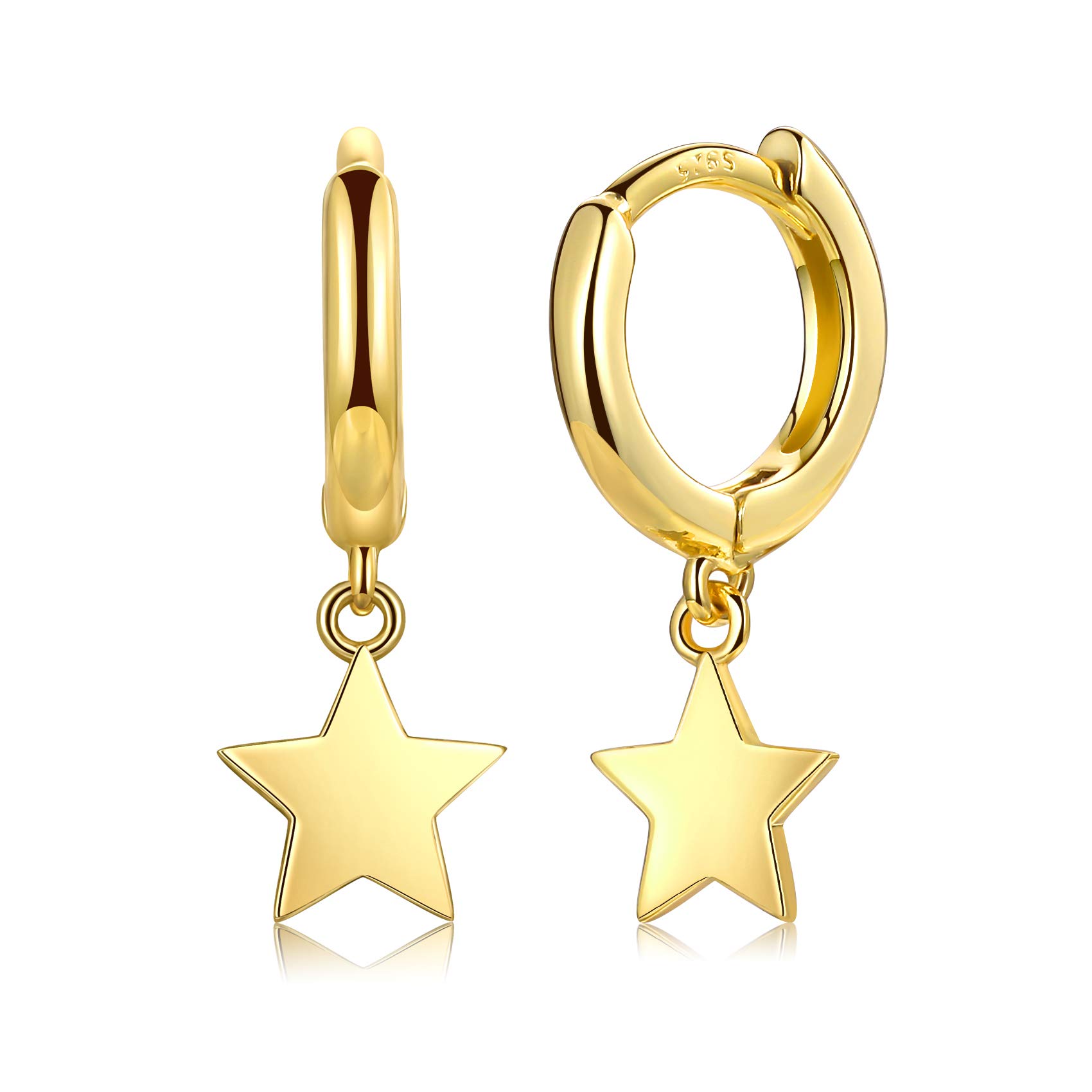 14K Gold Plated Dangle Hoop Earrings, Sterling Silver Post Drop Hoops | Small Hypoallergenic Huggie Earrings | Dainty Sun Moon Star Earrings