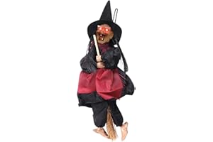 NICEYST Witch on Broom Halloween Hanging Doll with Welcome Plaque Creepy Halloween Decoration Props for Front Door Haunted House Bar Restaurant KTV Décor Hanging Scary Ghost Party Decor