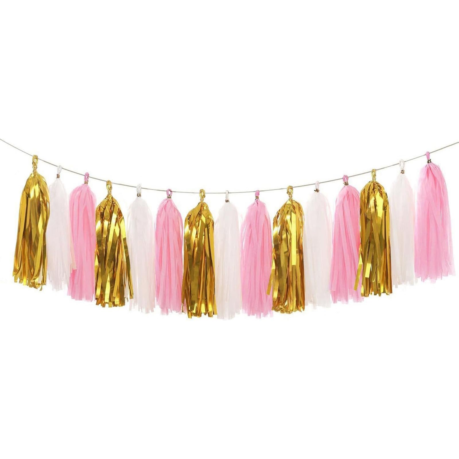 Koker Paper Tassels Garland Banner - Tissue Paper Tassels for Wedding, Birthday, Festival Party Wall Decoration (Metallic Gold+Pink+White), 15 PCS