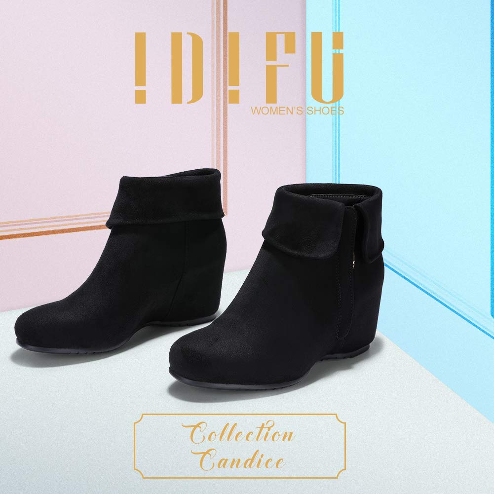 IDIFU Women's Candice-V Fold Over Round Toe Ankle Booties Hidden Medium Wedge Heel Side Zipper Faux Suede Short Boots… - Image 3