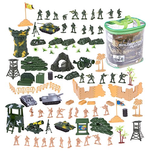 100 Piece Military Figures and Accessories - Toy Army Soldiers in 2 Colors, War Soldiers Playset wit