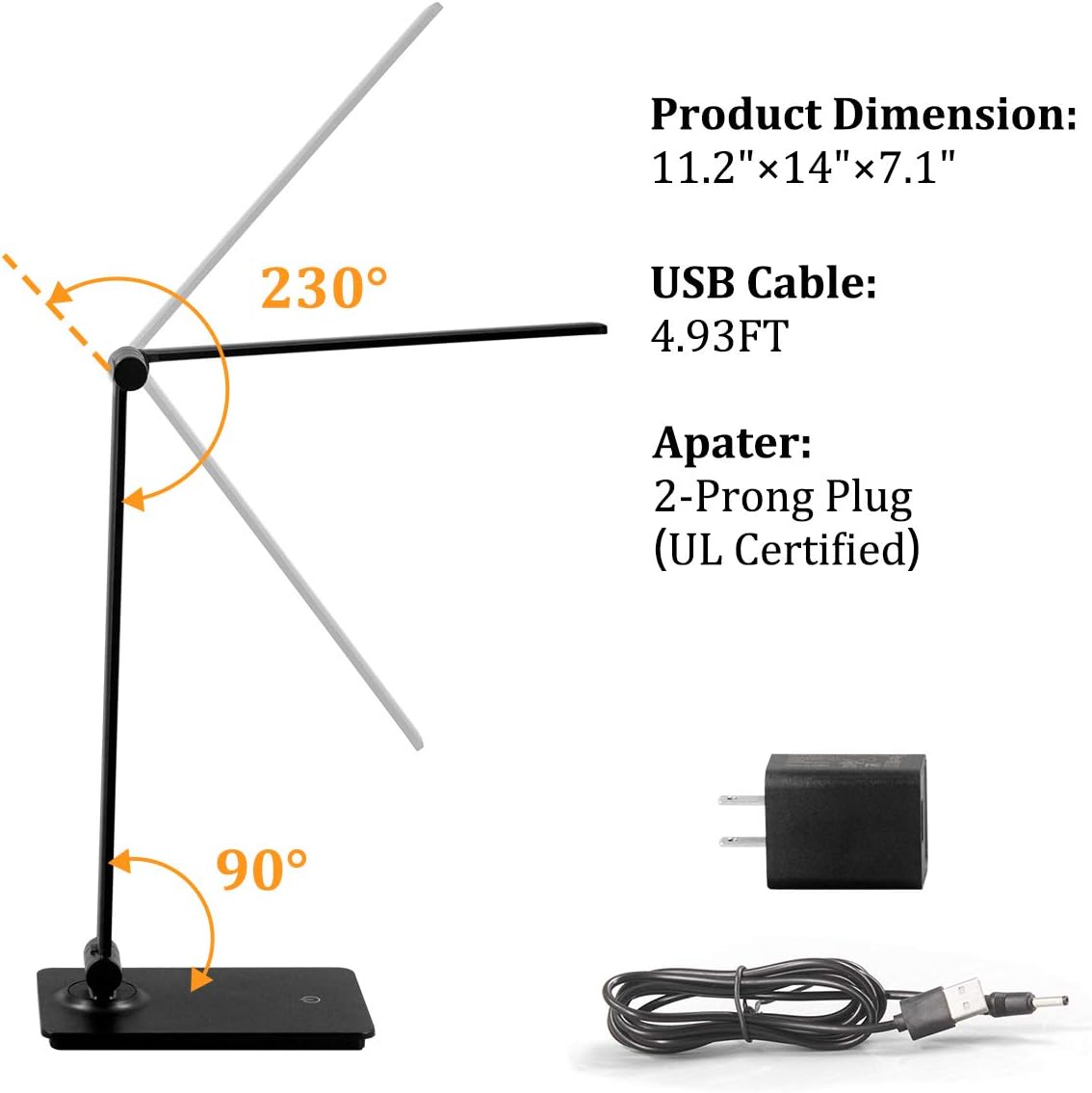 LED Desk Lamp, Touch Control Desk Lamp with 3 Levels Brightness, Dimmable Office Lamp with Adjustable Arm, Foldable Table Desk Lamp for Table Bedroom Bedside Office Study, 5000K, 8W, Black: Home & Kitchen