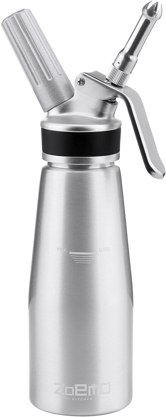 ZOEMO 500ml Whipped Cream Dispenser - Full Metal Cream Whipper - Including 3 Stainless Steel Decorating Tips, 1 Stainless Steel Charger Holder, and 1 Spare Charger Holder - Recipes included