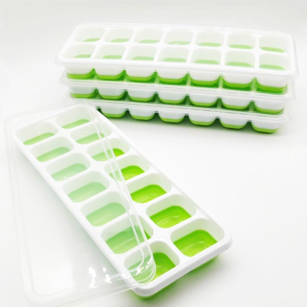 Ice Cube Trays with Lids,Easy-Release Silicone and Flexible 14-Ice Trays with Spill-Resistant Removable Lid,LFGB Certified & BPA Free(4 Pack,Green)