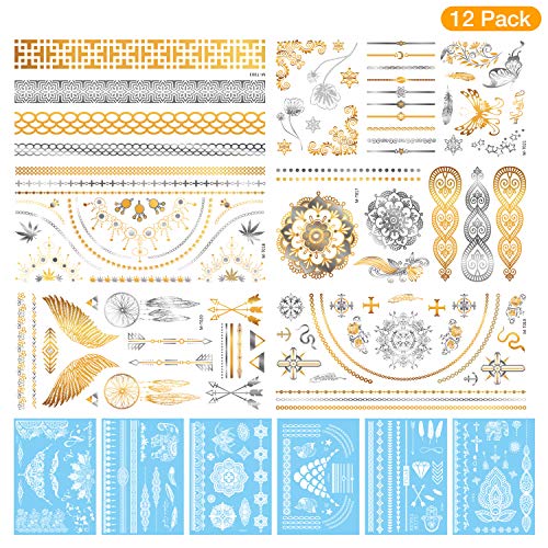 Temporary Tattoos, 12 Sheets Henna Tattoo Kit, 6 X Flash Metallic Tattoos for Women + 6 X White Henna Combo, Mandala Festival Clothing, Gold Tattoos, DIY Home Decor, Boho Body Tattoos for Women Kids