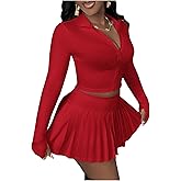 SOLY HUX Women's Skirt Sets 2 Piece Outfits Long Sleeve Crop Top with Pleated Mini Skirt Set Party Outfits for Women