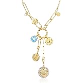 NALISASA Gold Charm Necklace for Women, Detachable Women's Evil Eye Paperclip Charm Necklace, Gold Coin Necklace