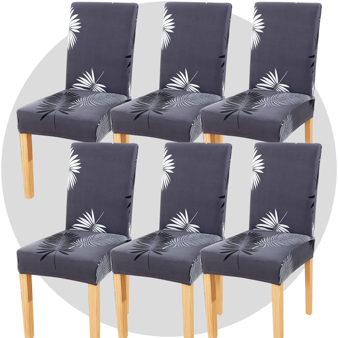 TOMMO Dining Room Chair Covers Set of 6, Stretch Removable Washable Spandex Dining Chair Slipcovers Protectors, Kitchen Chair Covers for Dining Room Party Hotel Ceremony Banquet(Black gray feathers)