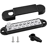 Ampper 1/4" Stud Power Distribution Block Bus Bar with 12 x #8 Screw, Black | 5.3" 12V 150A Nickle Plated Brass BusBar with Cover, Battery Junction Terminal Block, 48V DC, 300V AC, For Car Boat Solar
