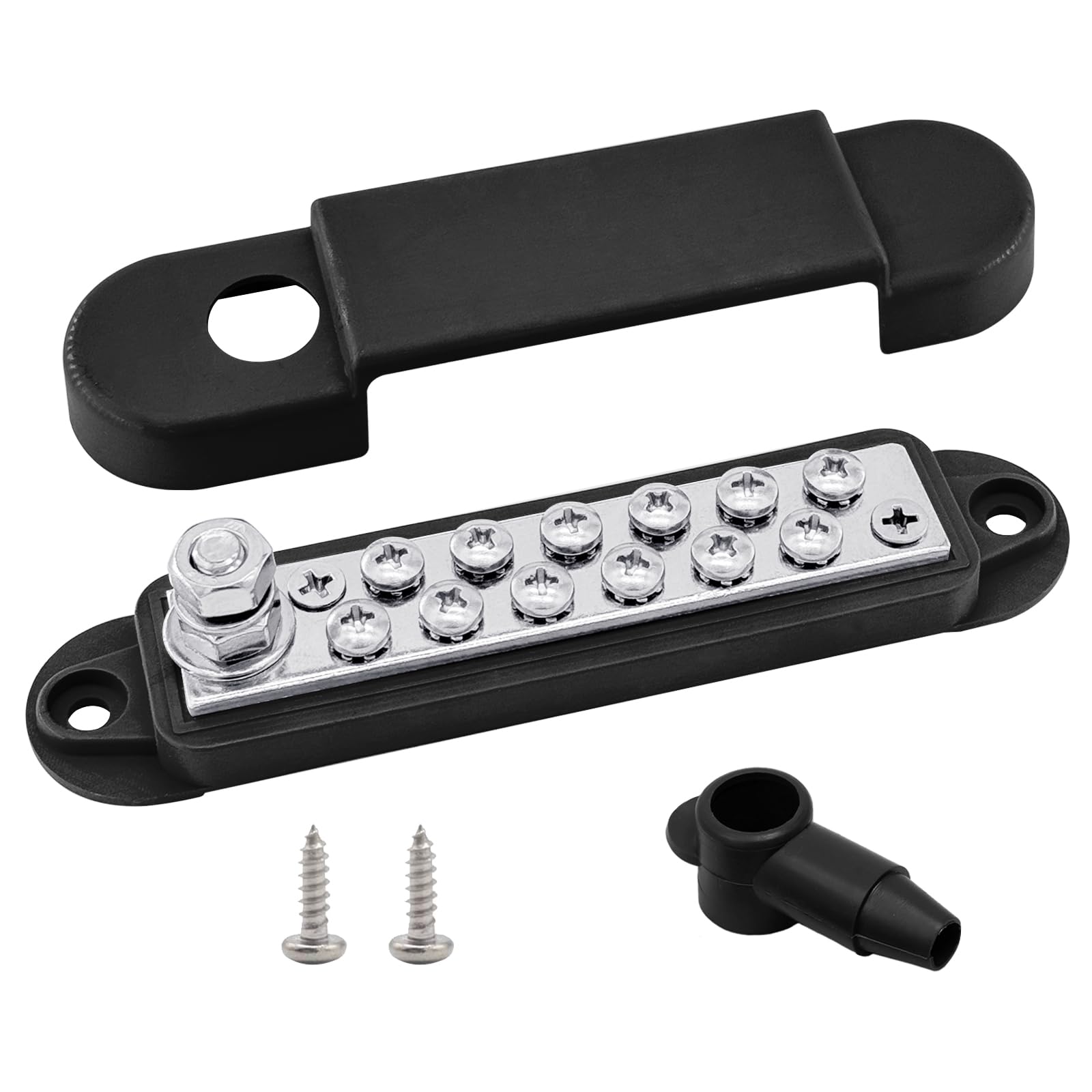 Photo 1 of 1/4" Stud & 12 x #8 Terminal Screws Ground Distribution Block Bus Bar, Ampper 5.3" 12V Nickle Plated Brass Battery BusBar Junction W/Cover for Auto Boat Solar and More (Black)