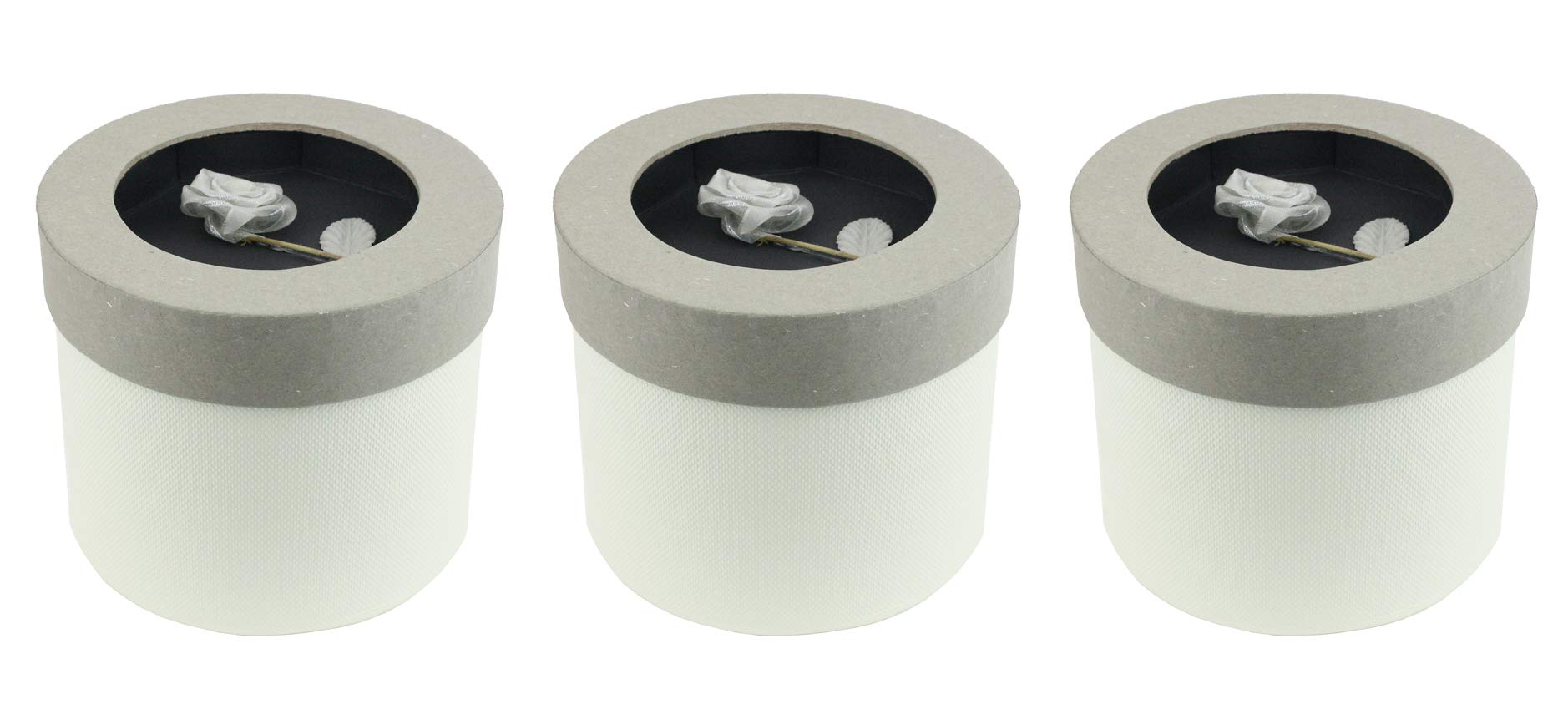 Emartbuy Set of 3 Rigid Luxury Round Shaped Presentation Gift Box, 13.8 x 8.5 cm, Cream Box with Grey Lid, Chocolate Brown Interior and With Rose Flower Decoration