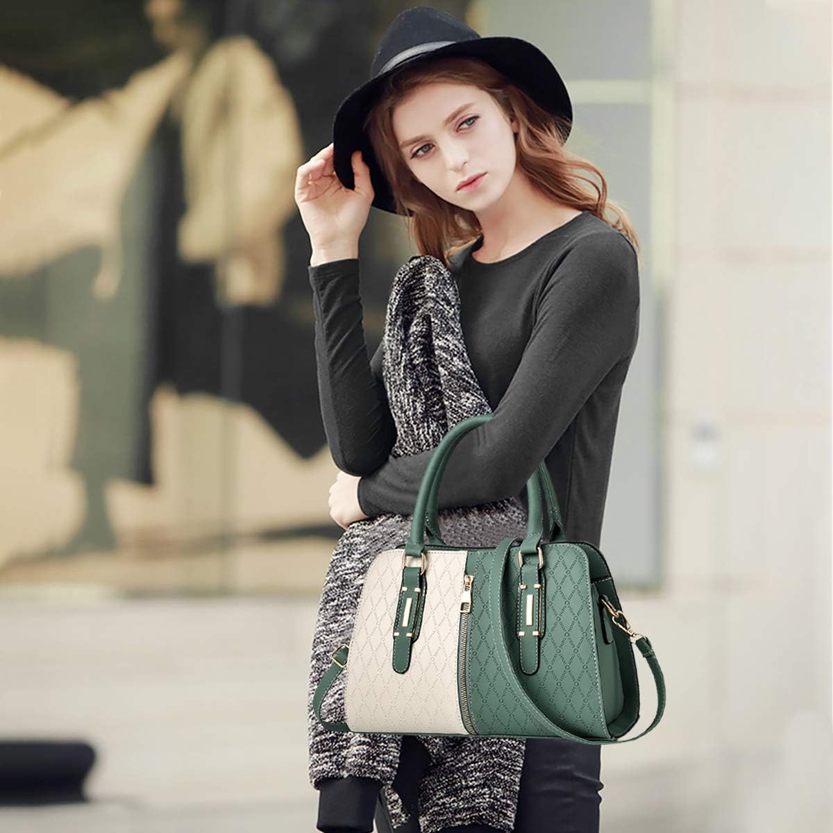 NICOLE & DORIS Women Small Handbag PU Leather Structured Shoulder Bag Satchel Green - Image 3