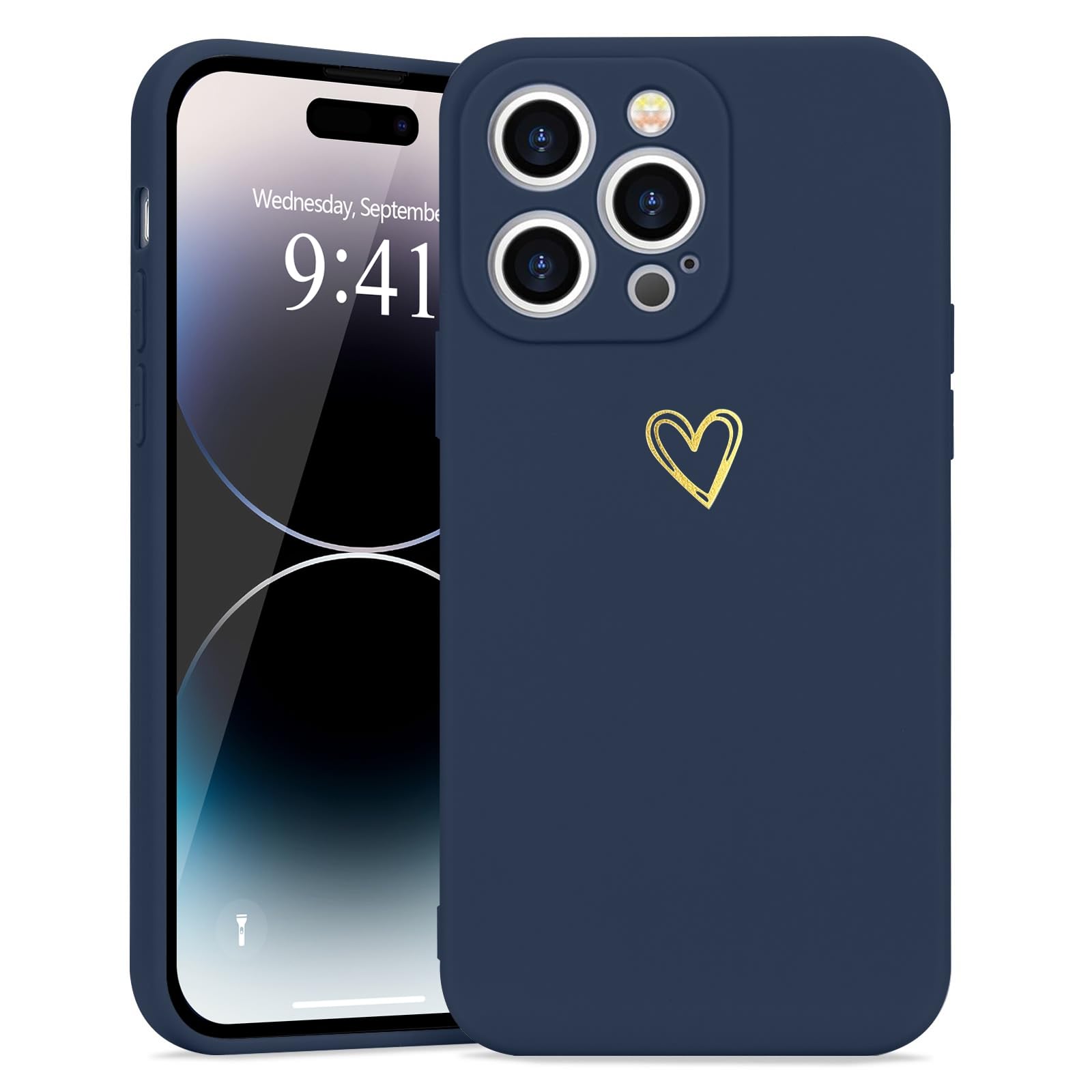 Wirvyuer for iPhone 14 Pro Max Case with Cute Heart Pattern Soft Shockproof Protective Silicone Phone Case for Women Girls, Navy Blue — image 1