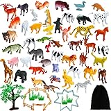 Aneco 82 Pieces Animals Figures Mini Jungle Animals Toys Set Realistic Looking Animals with Fence and Velvet Storage Bag for Kids