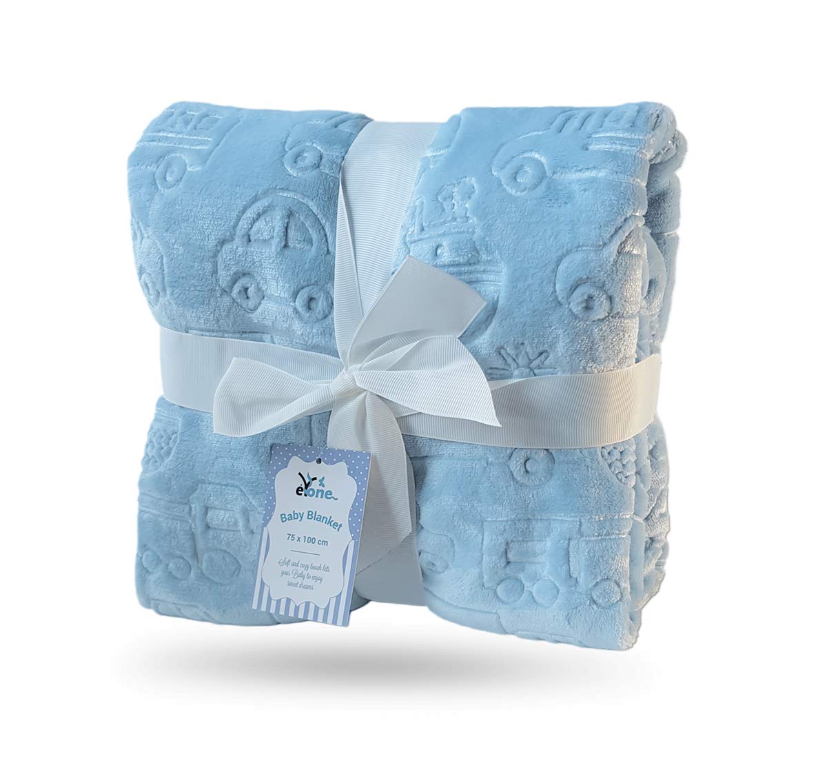 eYone Double Layer Baby Blanket 75×100 cm - Soft Warm Fleece - OEKO-TEX Certified - Blue Car Pattern - Lightweight & Cosy - for Pram, Cot, Crib & Stroller - Newborn & Baby Boy Gift